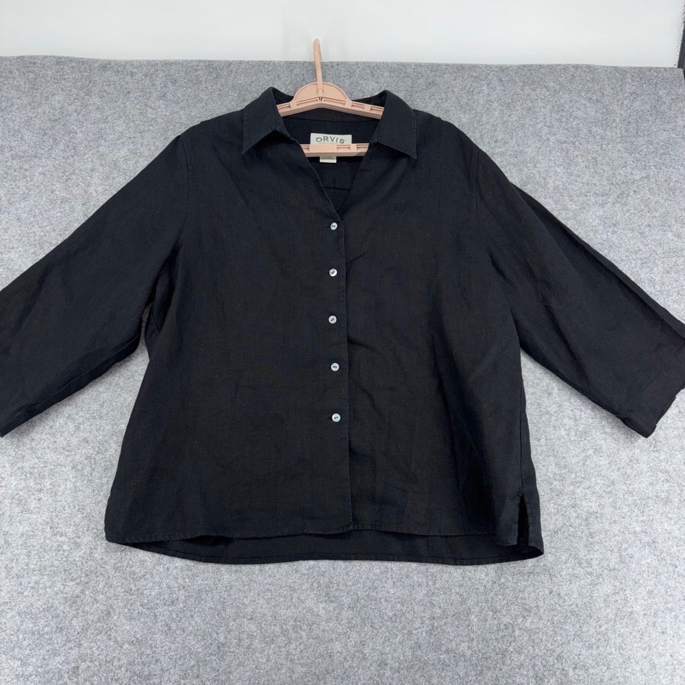Orvis Womens Black 100% Linen Button Down Shirt 3/4 Sleeve Size L 14/16